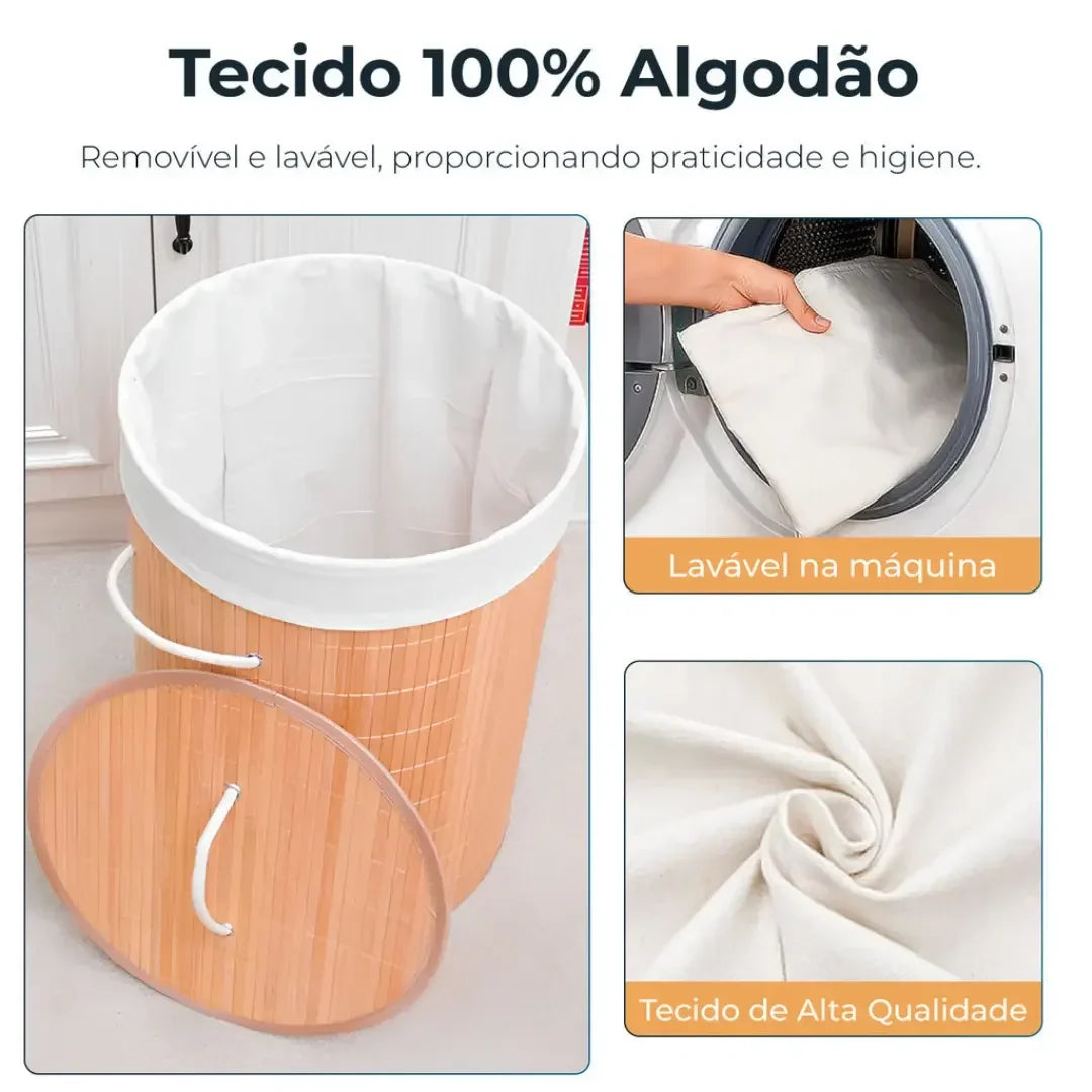 Cesto de Roupas em Bambu com Forro em Tecido Redondo