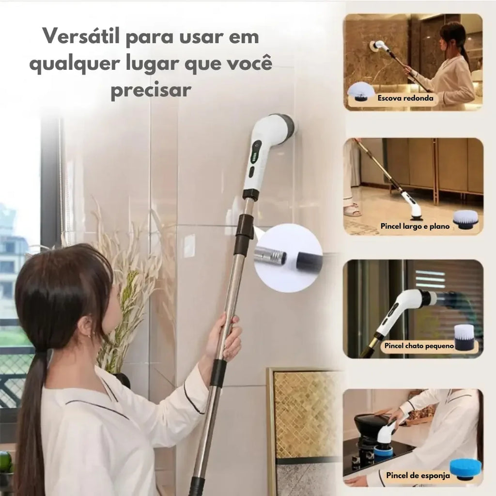 Escova Elétrica de Limpeza 9 em 1 Recarregável USB-C com Cabo Extensor