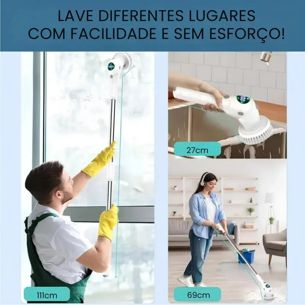 Escova Elétrica de Limpeza 9 em 1 Recarregável USB-C com Cabo Extensor