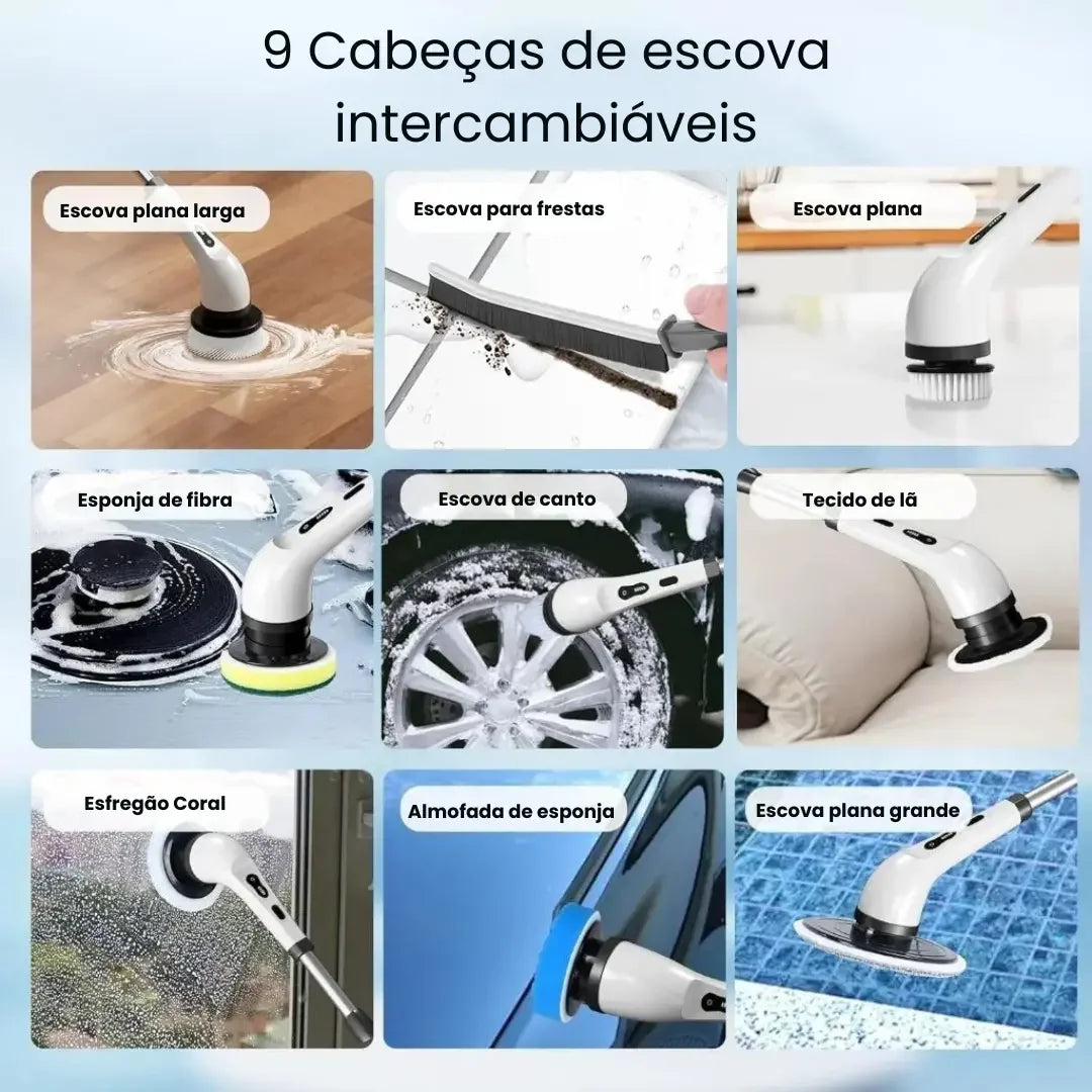 Escova Elétrica de Limpeza 9 em 1 Recarregável USB-C com Cabo Extensor