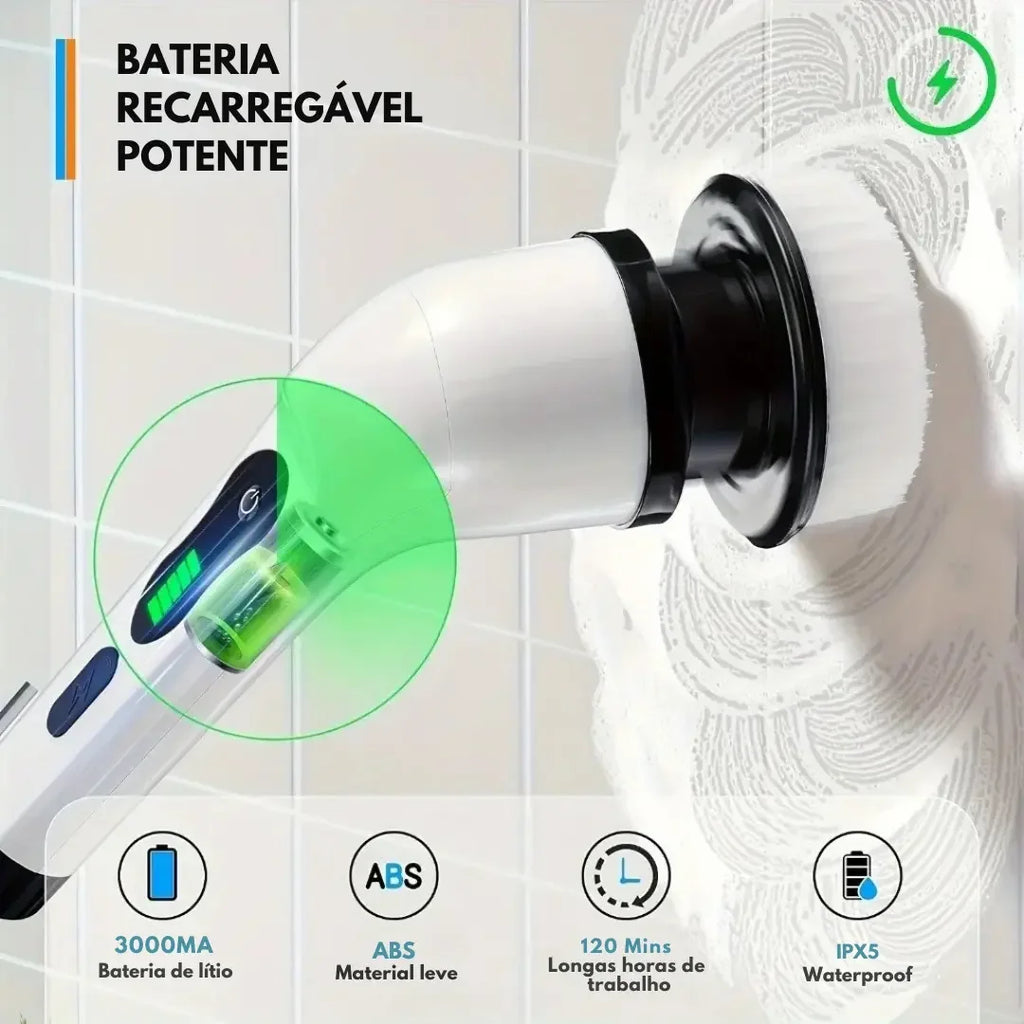 Escova Elétrica de Limpeza 9 em 1 Recarregável USB-C com Cabo Extensor