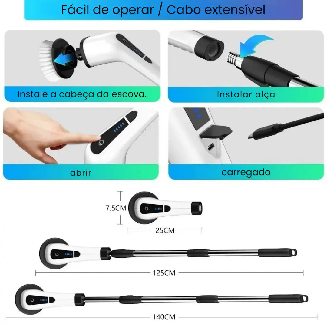 Escova Elétrica de Limpeza 9 em 1 Recarregável USB-C com Cabo Extensor
