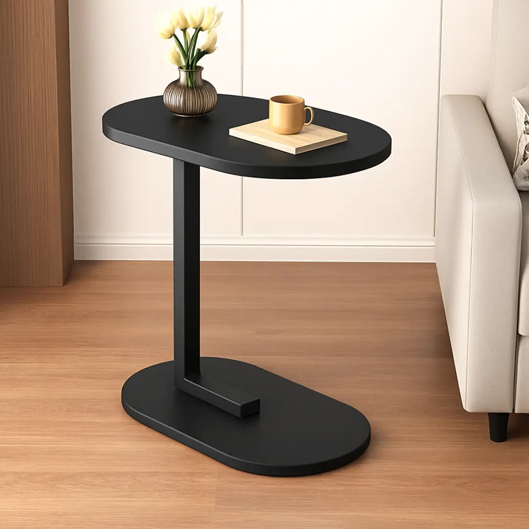 Mesa lateral portátil preta em ferro com tampo em MDF